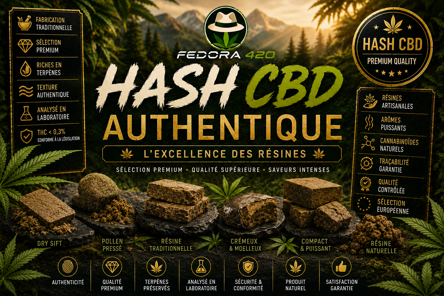 Collection Hash CBD Fedora 420 avec hash CBD premium, dry sift, pollen et résines artisanales riches en terpènes naturels