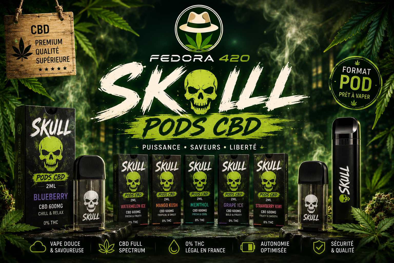 Collection Pods CBD Fedora 420 avec pods Skull CBD premium aux saveurs fruitées, fraîches et gourmandes