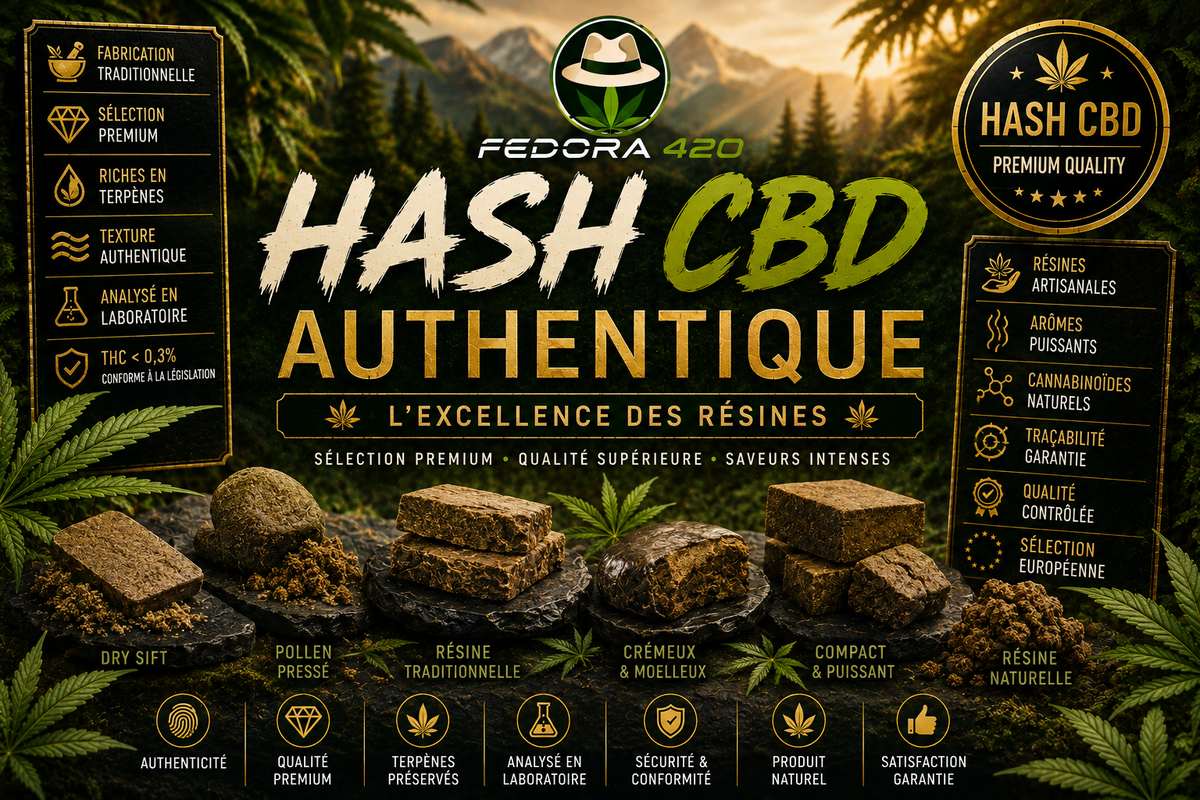 Collection Hash CBD Fedora 420 avec hash CBD premium, dry sift, pollen et résines artisanales riches en terpènes naturels