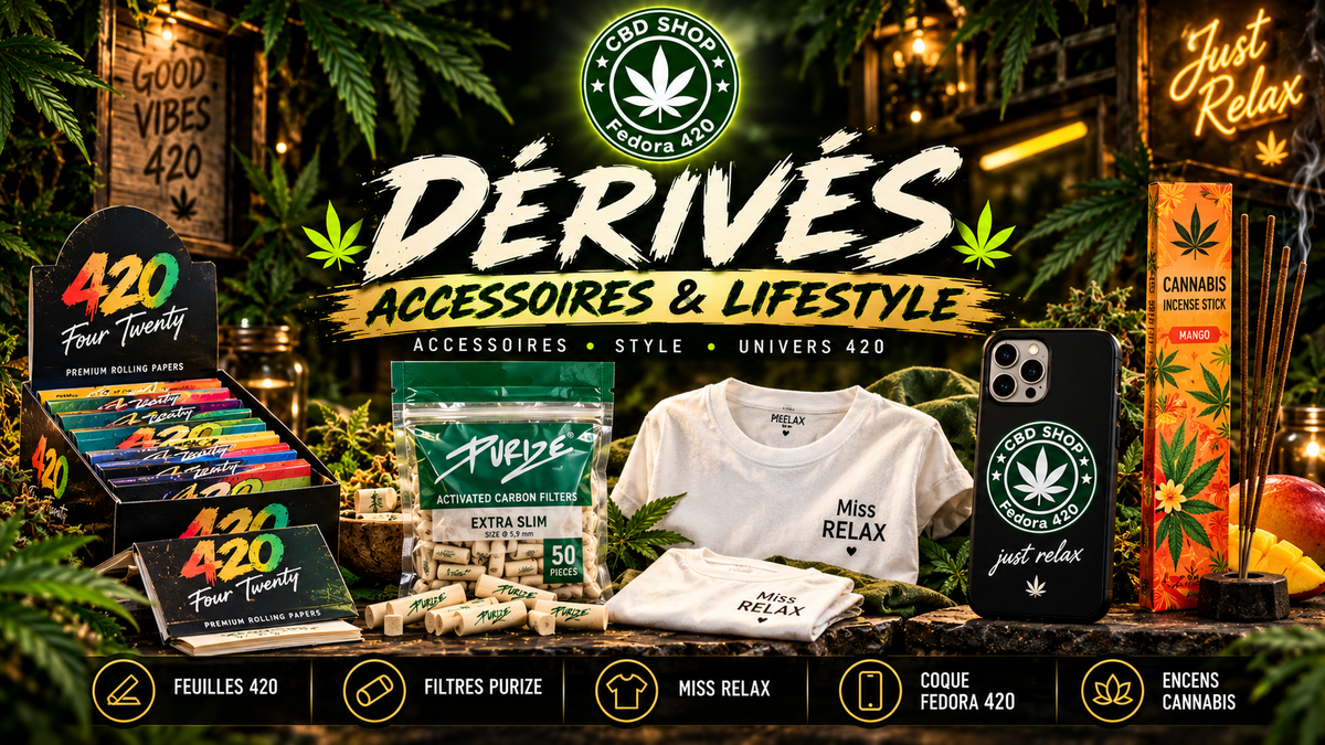 Collection Dérivés Fedora 420 avec feuilles à rouler 420, filtres Purize, vêtements Miss Relax, coque Fedora 420 et encens au cannabis, dans un univers CBD vert, noir et doré.