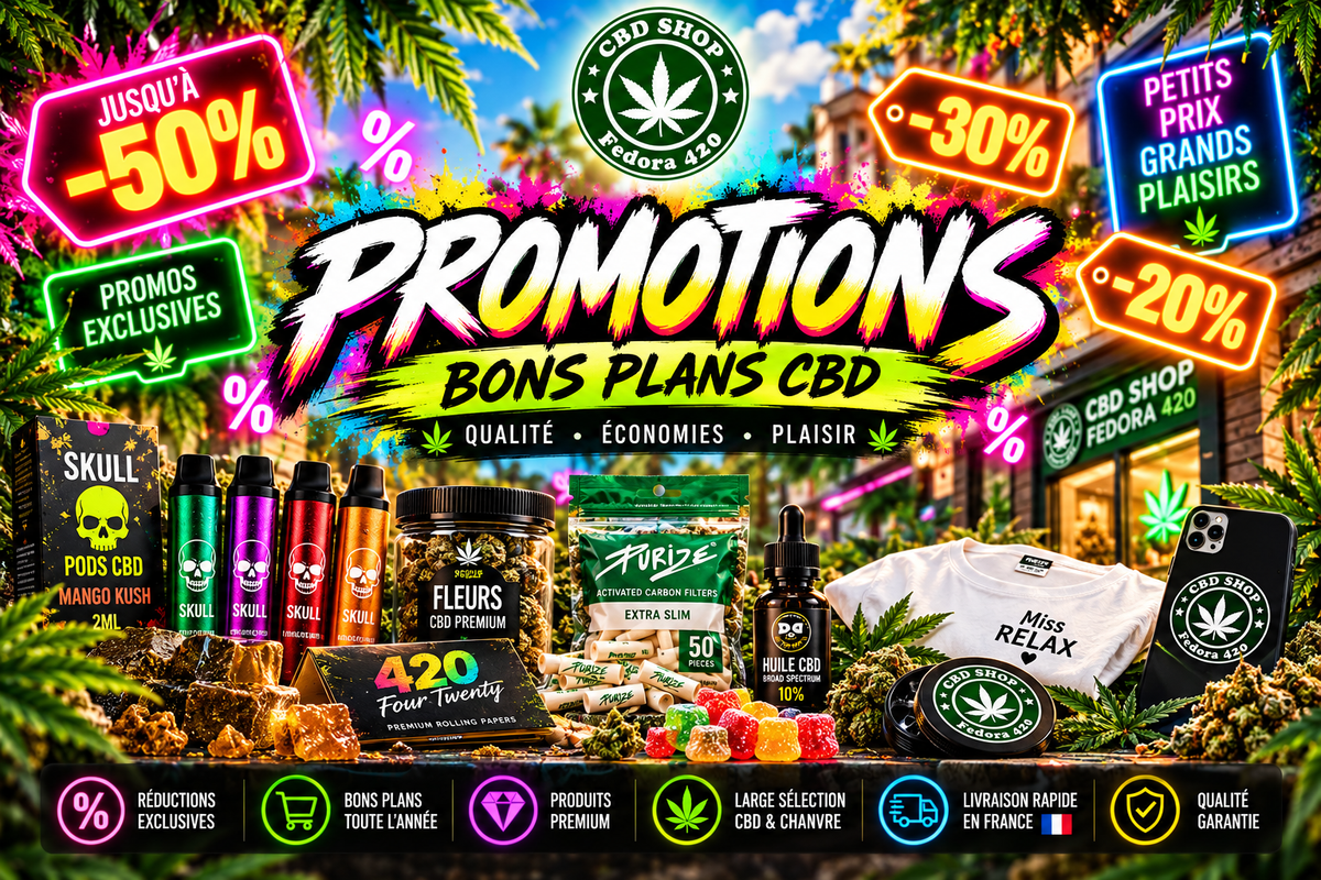 Promotions et bons plans CBD Fedora 420 avec fleurs, résines, vapes, huile CBD et accessoires, présentés dans un univers coloré aux tons néon avec réductions exclusives.