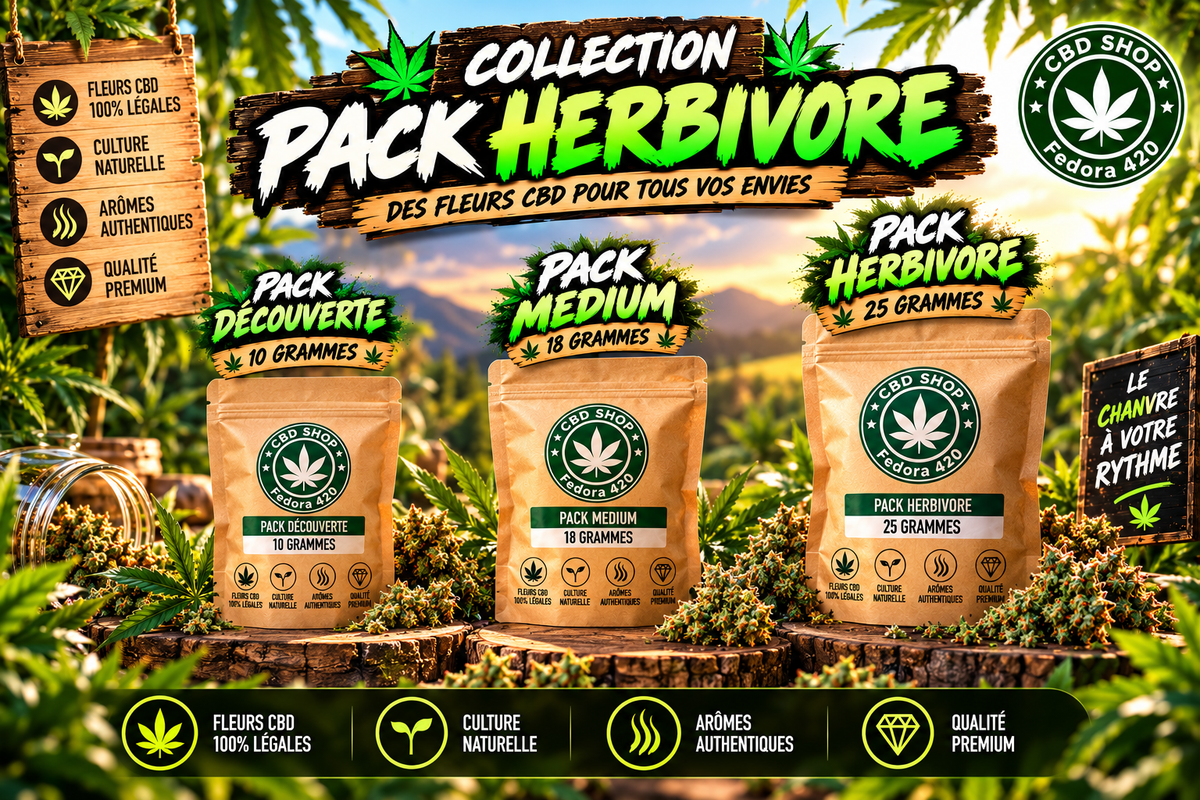 Collection de packs de fleurs CBD Fedora 420 avec Pack Découverte 10 g, Pack Medium 18 g et Pack Herbivore 25 g, présentés dans un univers naturel et végétal.