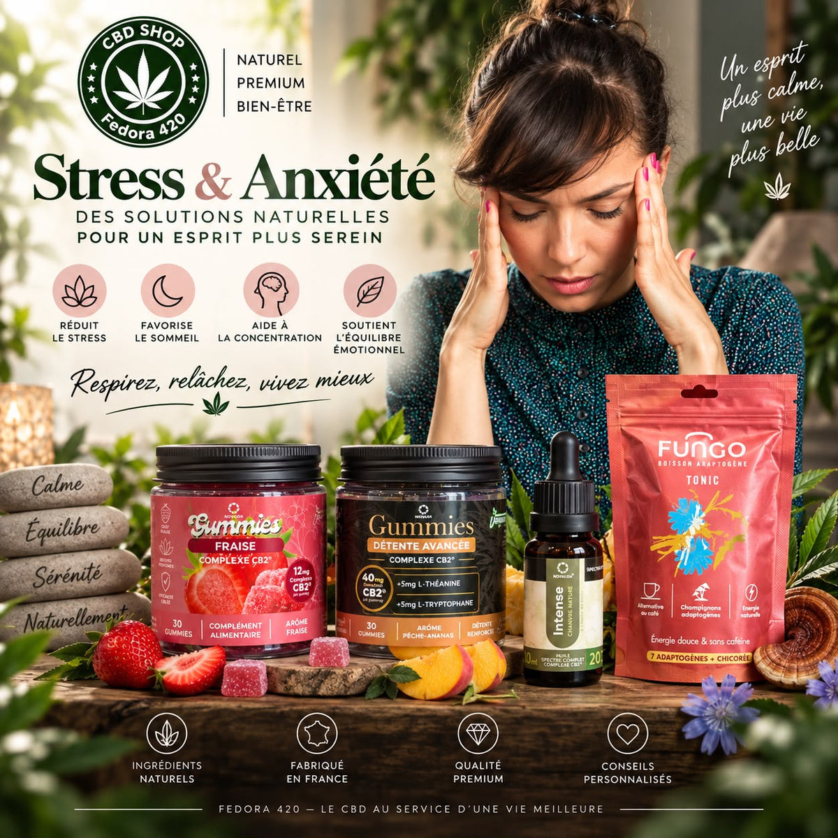 Collection CBD contre le stress Fedora 420 avec produits au cannabidiol favorisant relaxation, détente et bien-être au quotidien