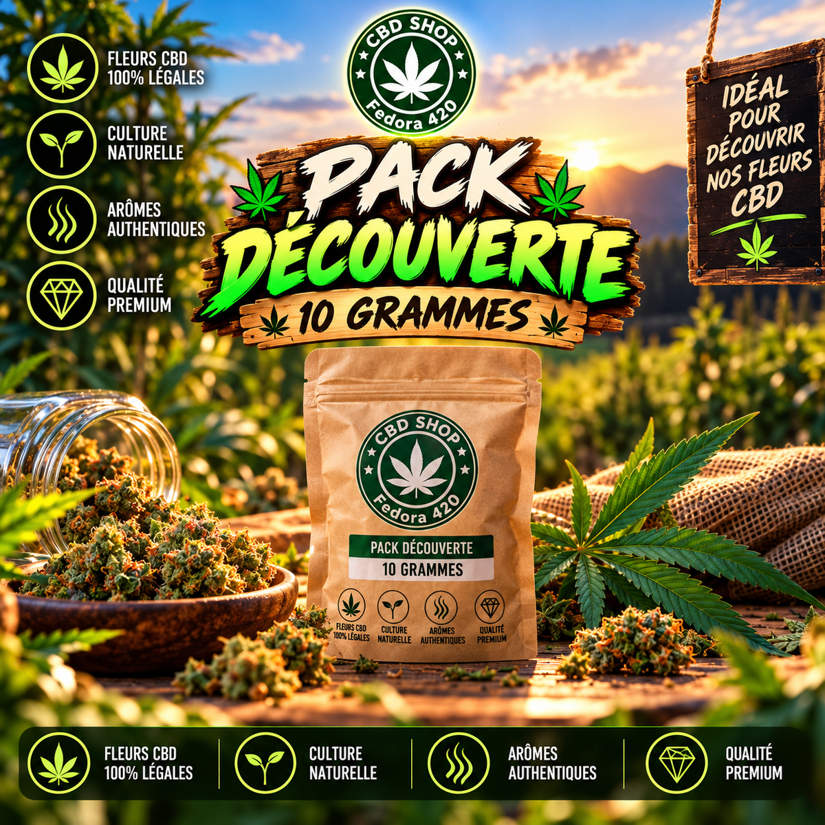 Pack Découverte Fedora 420 de 10 g de fleurs CBD, présenté dans un sachet kraft entouré de fleurs et feuilles de chanvre, dans un décor naturel et lumineux.