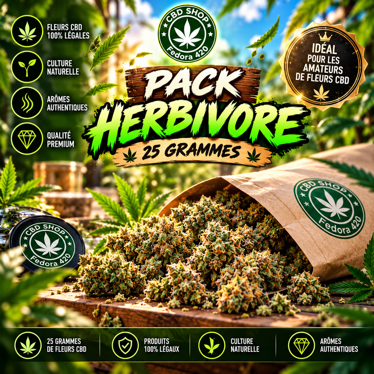Pack Herbivore Fedora 420 de 25 g de fleurs CBD, présenté avec des fleurs premium dans un sachet kraft, au cœur d’un décor naturel et végé